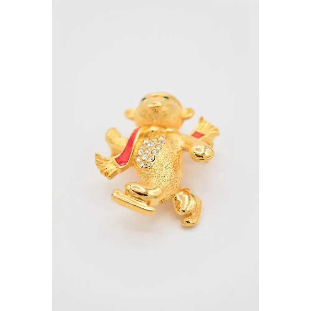Vintage Christmas Bear Pin Brooch Brushed Gold Ice Skating Holiday Heavy BinAT